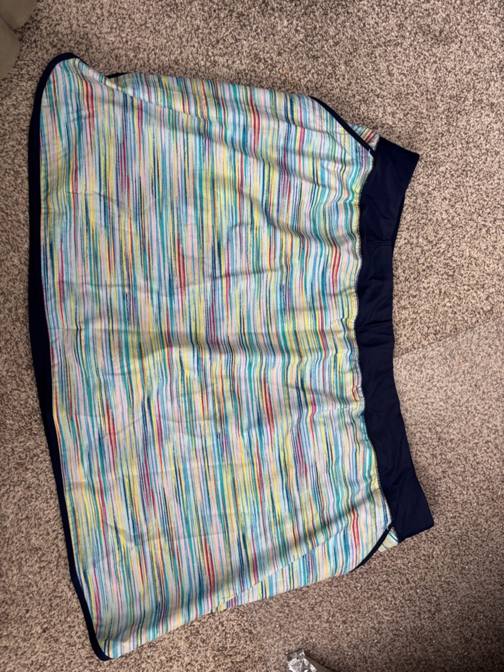 Lands' End Striped Multicolor Swim Skirt with Navy shorts attached.